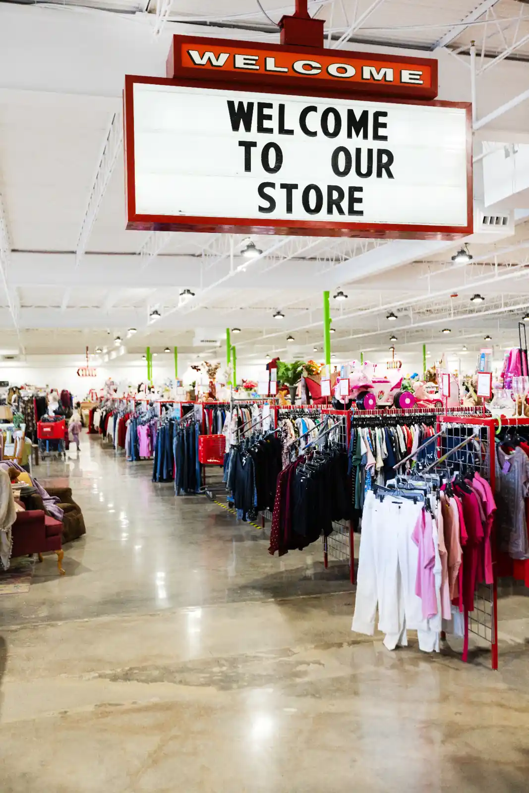 Wide view of the sales floor inside a Red Racks Thrift Store
